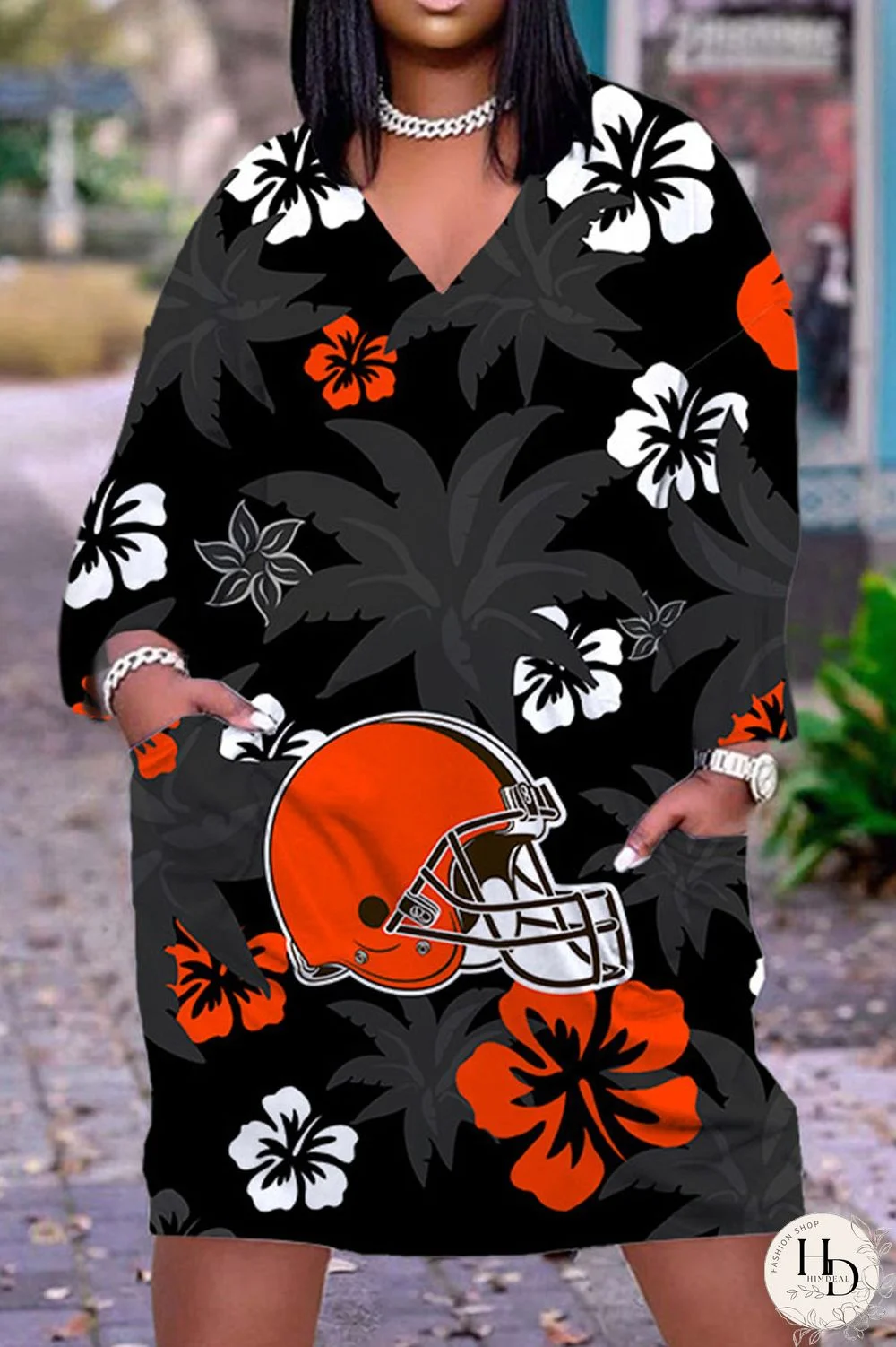 Black Gray Casual Print Patchwork V Neck Straight Dresses