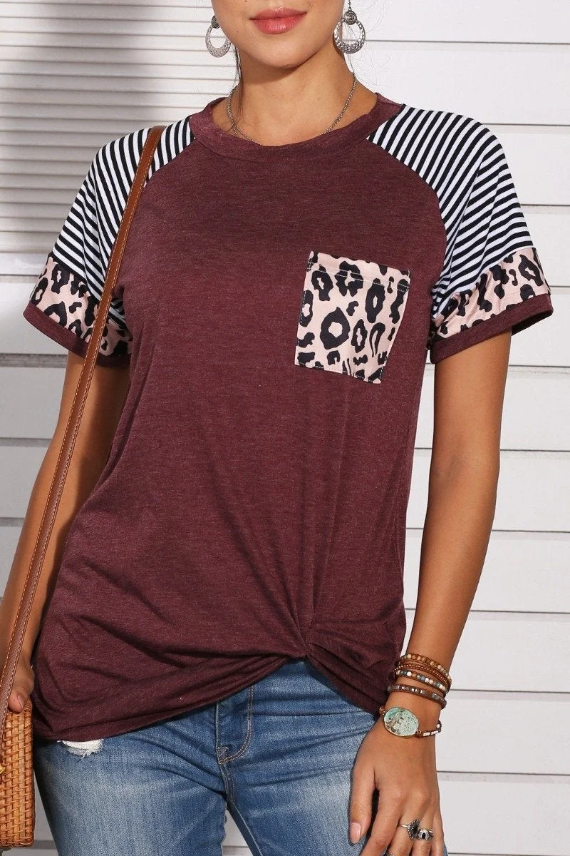 Patchwork Leopard Striped Wine Red T-shirt
