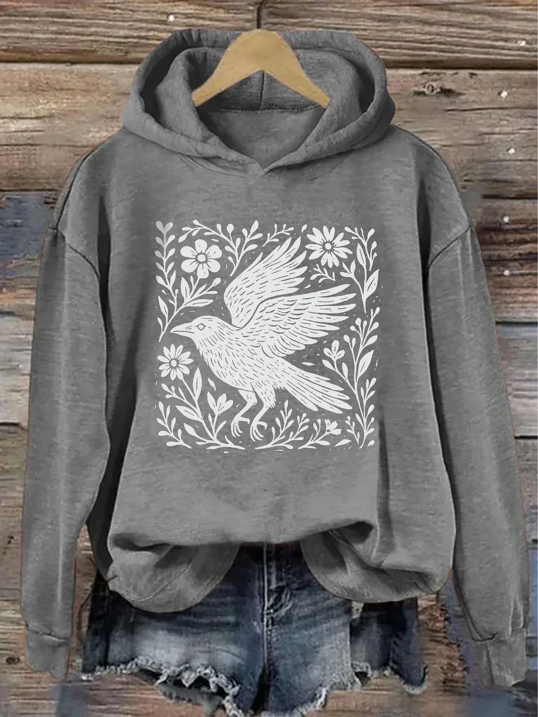 Folklore Forest Crow Lino Print Hoodie