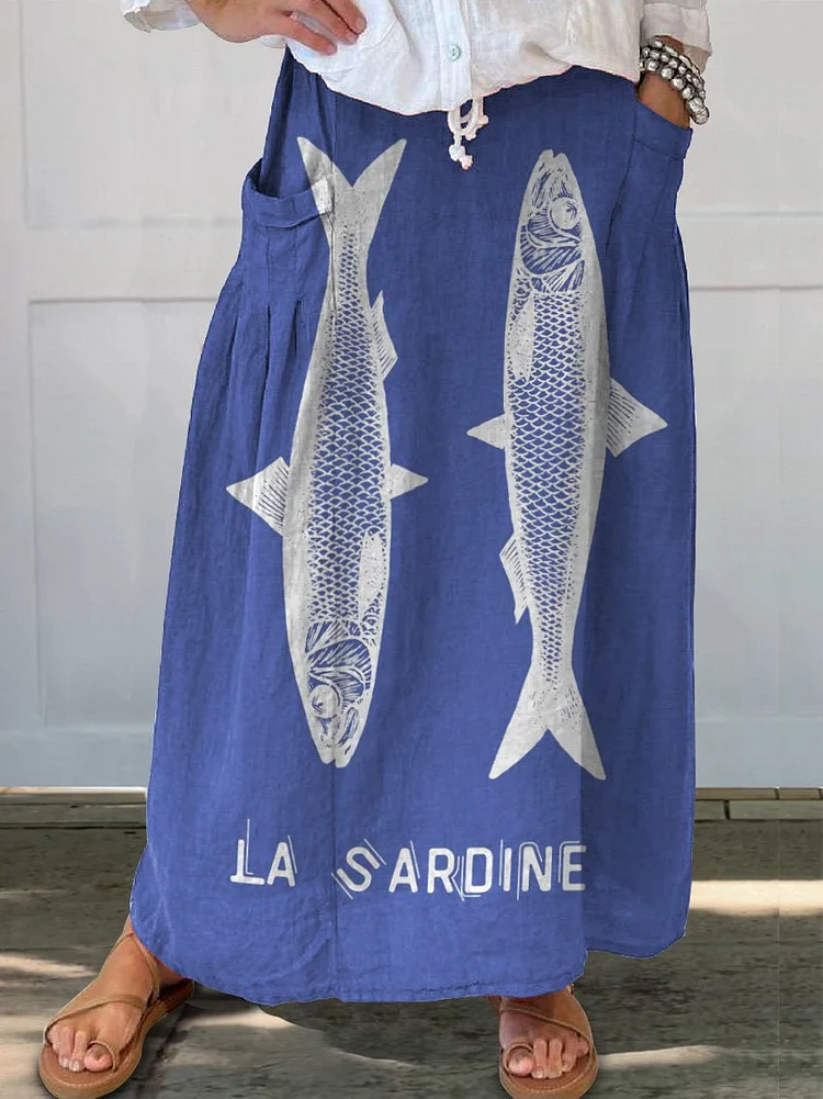 Sardine Fish Graphic Printed Women's Linen Pocket Skirt