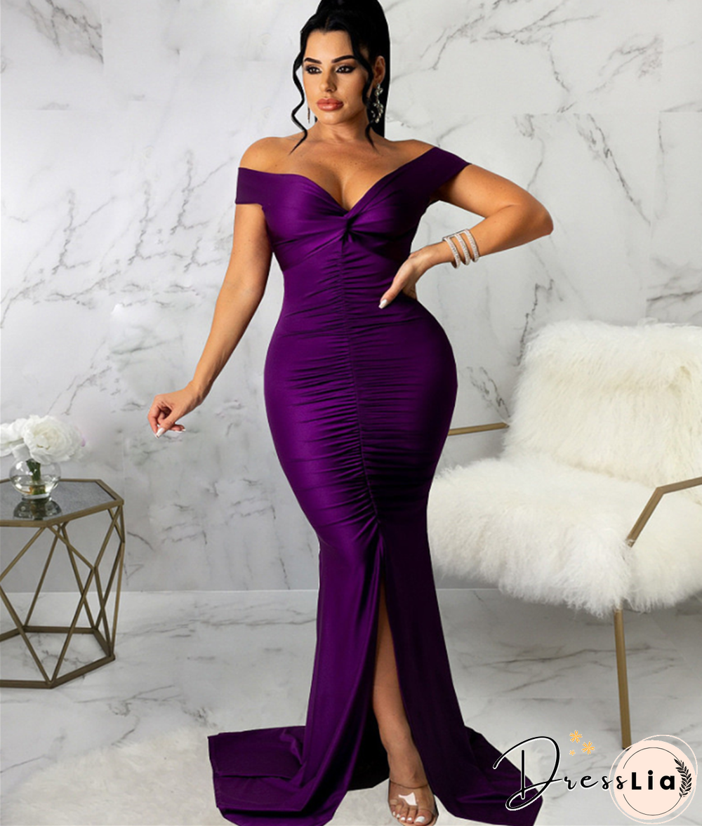 Low Cut Slash Neck Ruched Split Maxi Cocktail Dresses