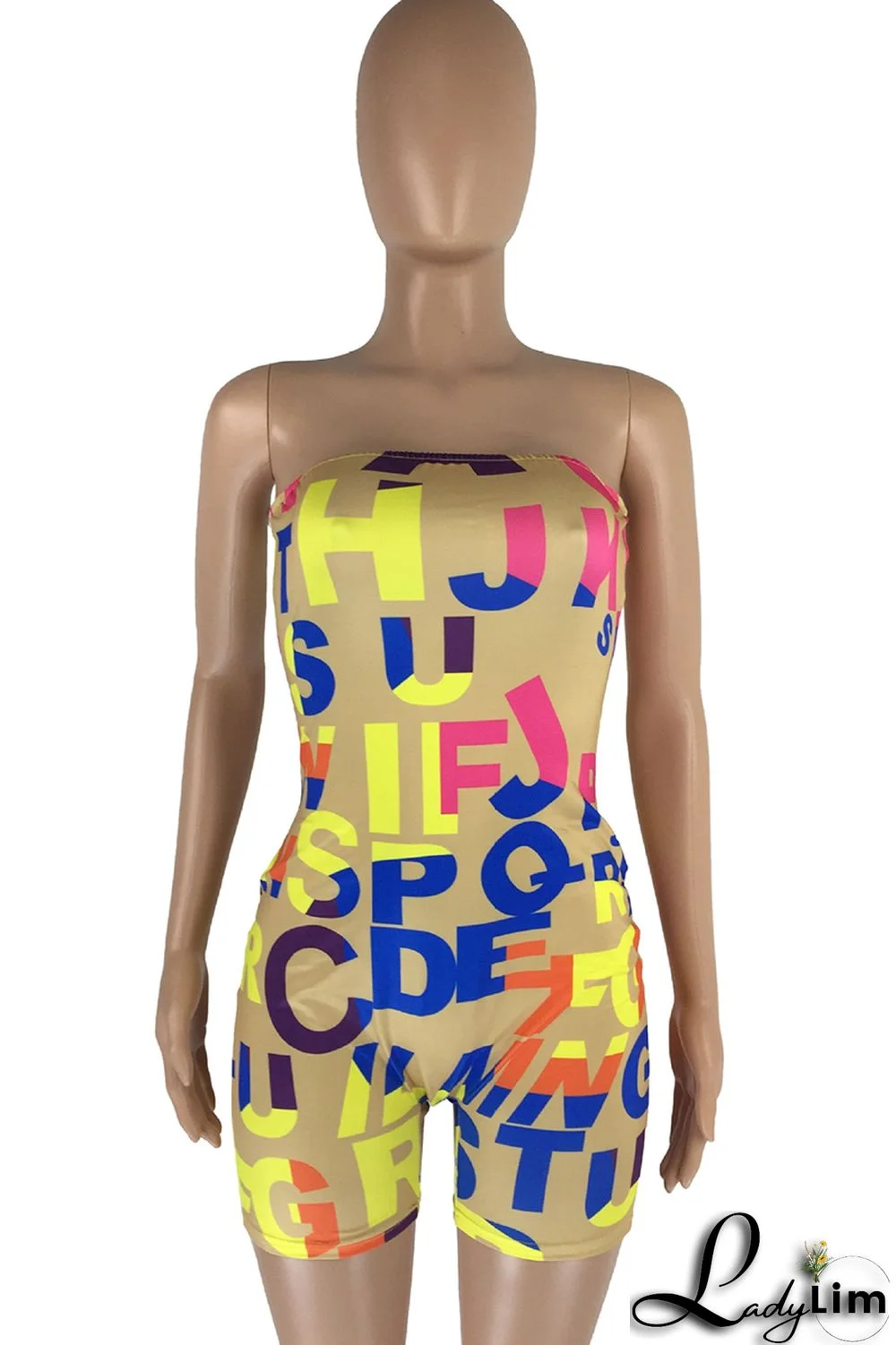 White Fashion Sexy Letter Print Backless Strapless Skinny Romper