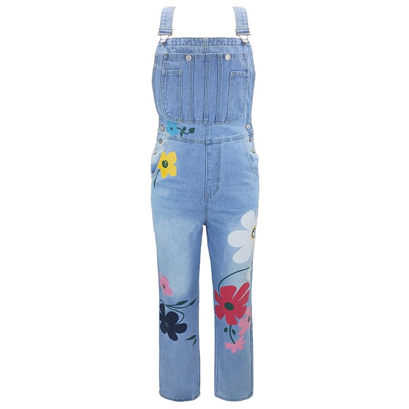 Printed Suspender Pants Large Size Floral Dungarees Jeans
