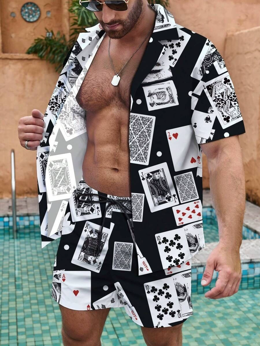Men's Classic Casual Striped Digital Print Cuban Collar Shirt Shorts Two-Piece Set