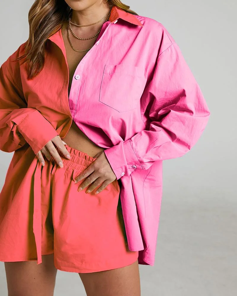 Casual Two Piece Colorblock Shirt & Shorts