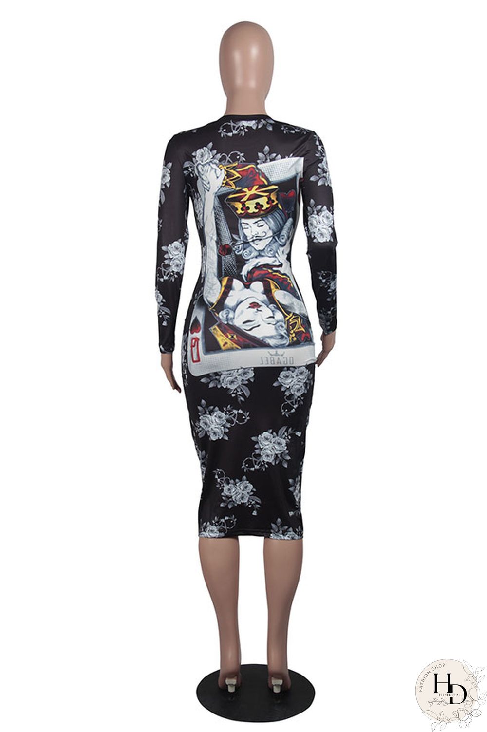 As Show Fashion Long Sleeves O neck Slim Dress Mid-Calf Print Print Dresses