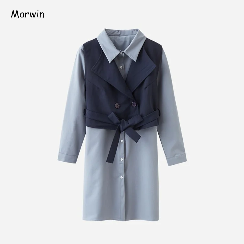 Marwin New-Coming Winter Loose Full Sleeve Bow Vest Solid Dresses High Street Style Square Collar Mid-Calf Length Women Dresses