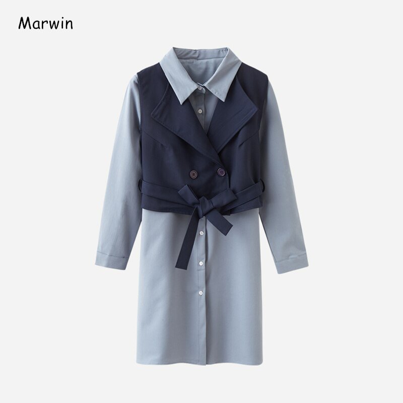 Marwin New-Coming Winter Loose Full Sleeve Bow Vest Solid Dresses High Street Style Square Collar Mid-Calf Length Women Dresses