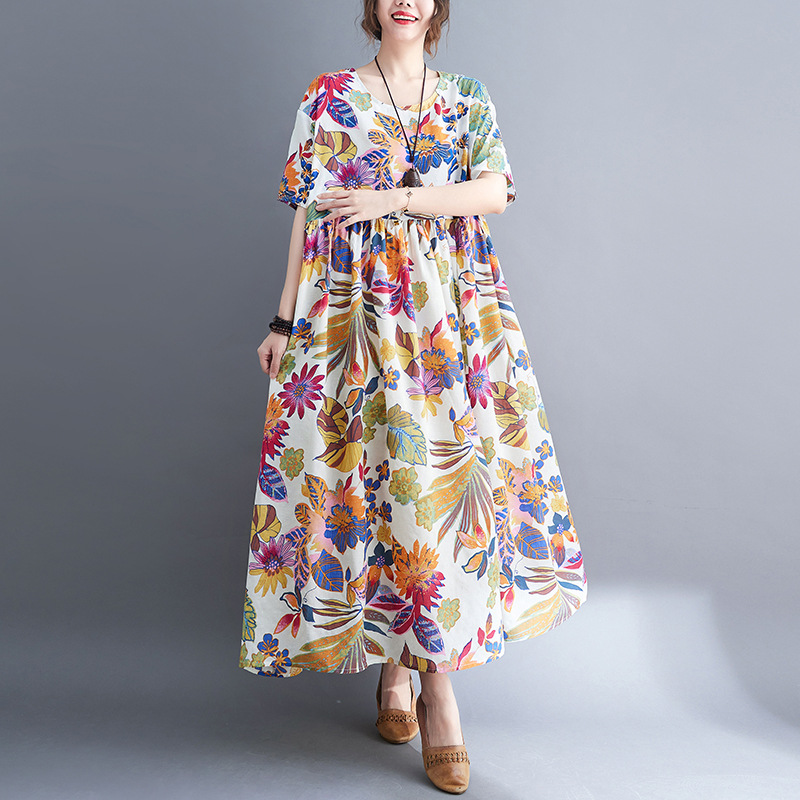 Literary Flower Print Short Sleeve Midi Dress
