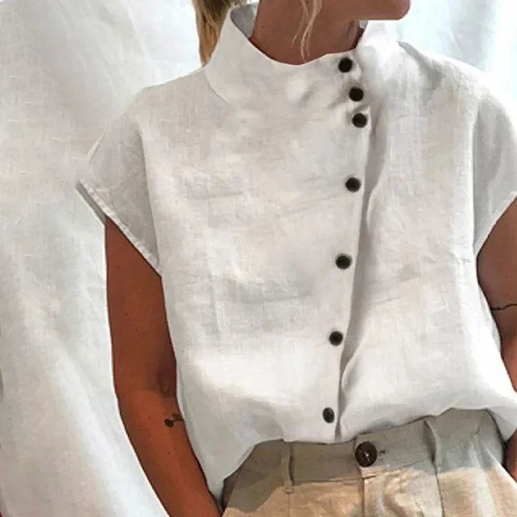 VChics Solid Color Design Feel Standing Collar Button Up Short Sleeve  Shirt