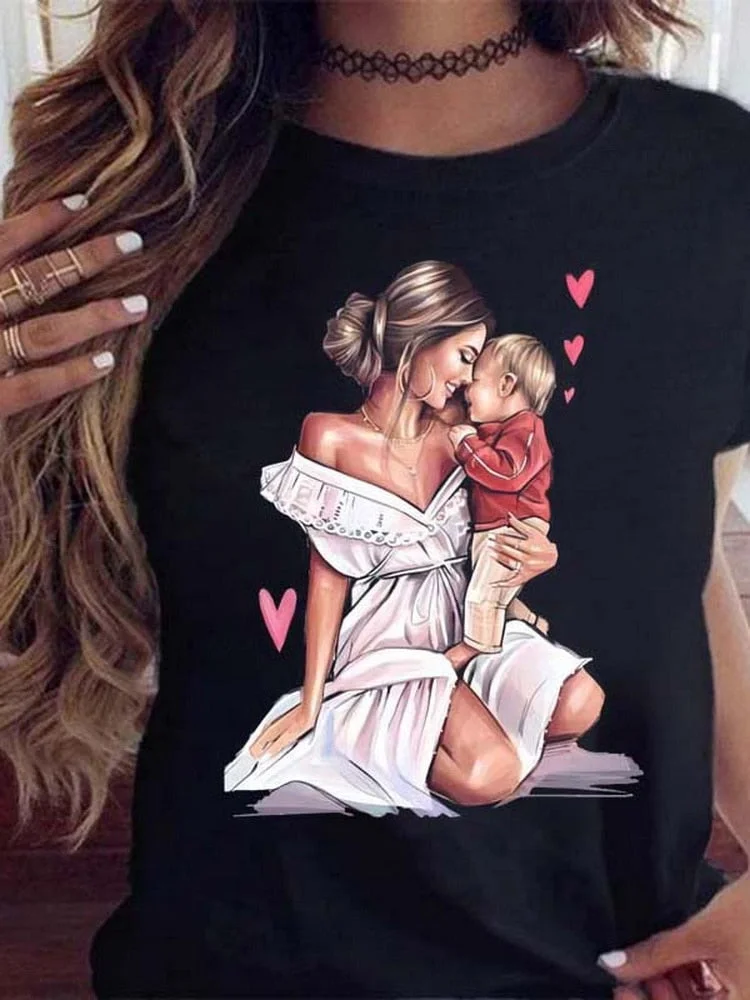 Cartoon Mom Daughter Son Lady Printed Women T-shirt Summer Girl Casual Harajuku Y2K Female Tops Tees Camisetas Mujer