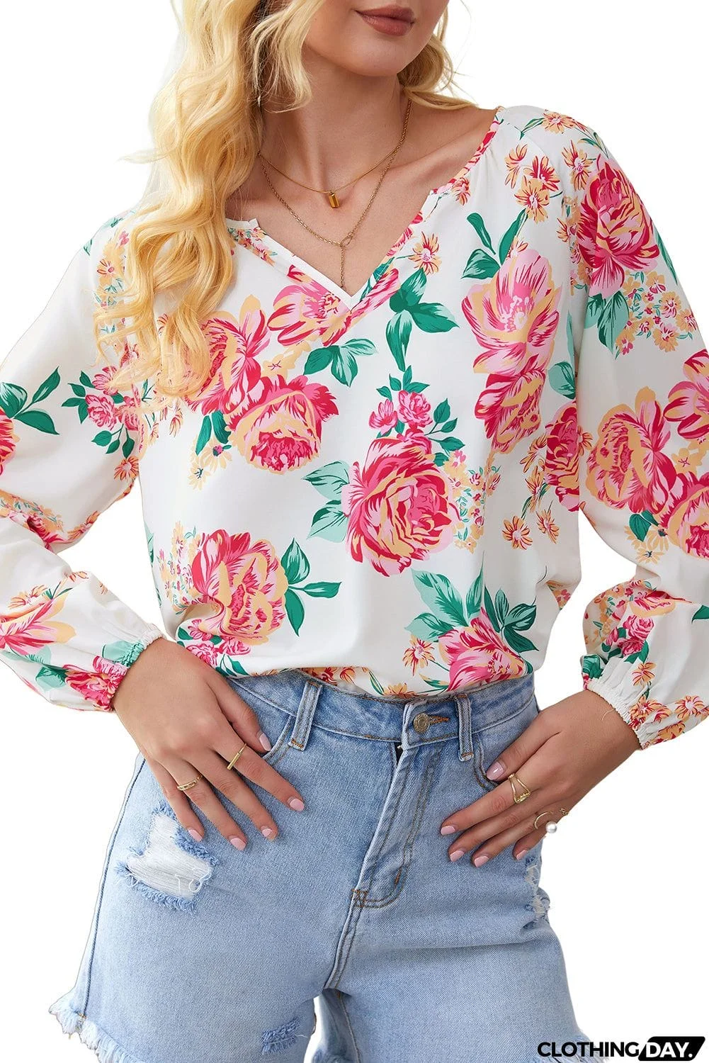 Floral Notched Neck Long Sleeve Blouse