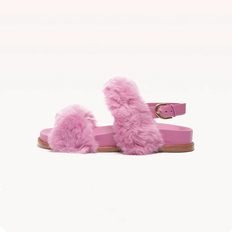 Pink Furry Flat Sandals with Buckle Vdcoo