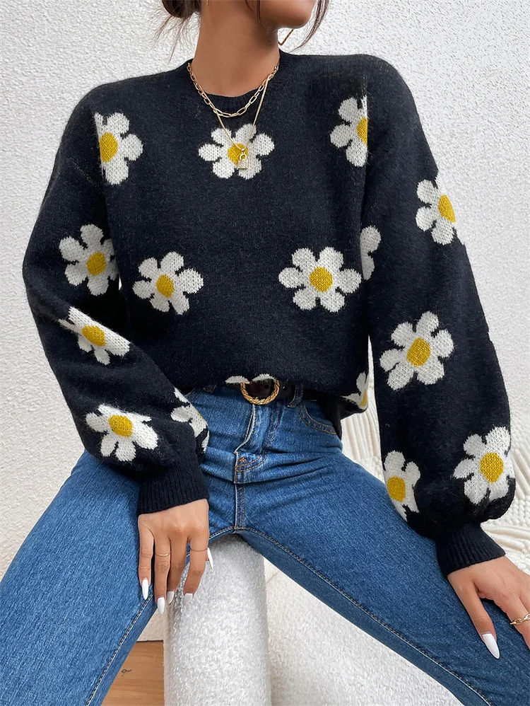 Women's Knitted Crew Neck Sweater Litter Flower Cute Sweater