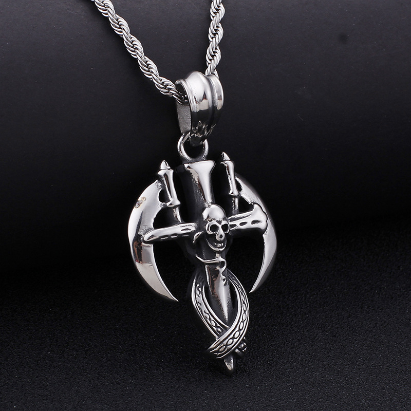 Men's Skull Reaper Scythe Pendant Cross Stainless Steel Necklace