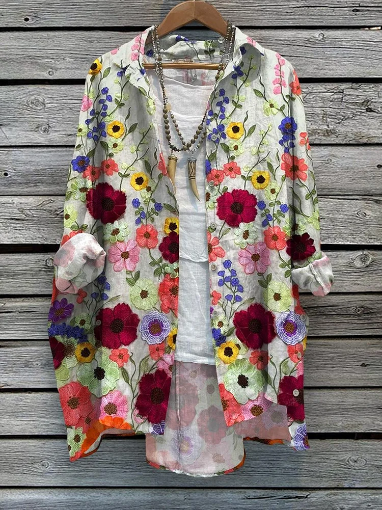 Women's  Flowers Print Casual Cotton And Linen Shirt