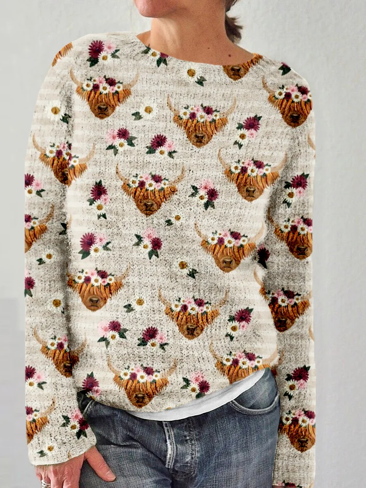 VChics Floral Highland Cattle Graphic Vintage Cozy Sweater