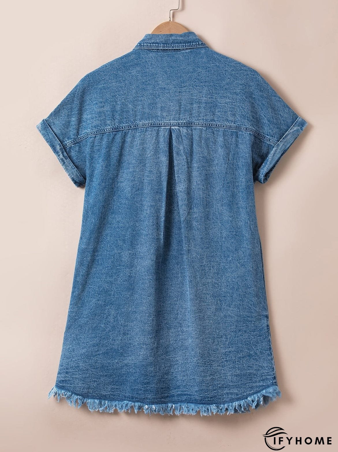 Blue Mineral Wash Denim Shirt Dress with Cuffed Sleeves | IFYHOME