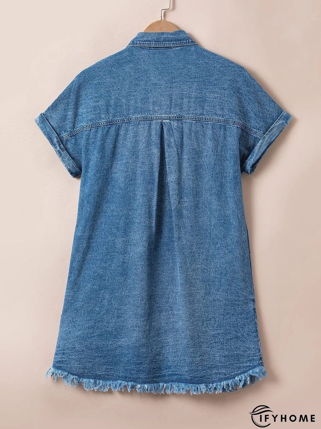 Blue Mineral Wash Denim Shirt Dress with Cuffed Sleeves | IFYHOME