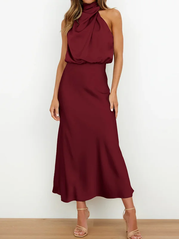 Sleeveless Solid Color Halter-Neck Midi Dresses