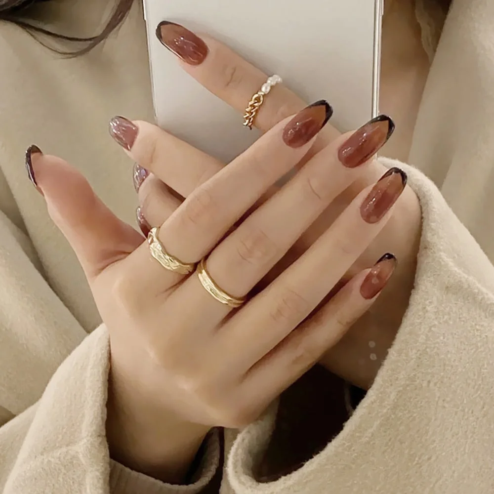 Press on nails  24pcs/box fake nails french manicure oval head white and silver rim design artificial nails with glue for girls-Nail Inspo