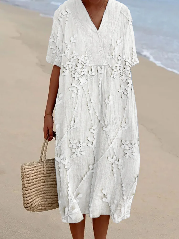 Classy Floral Lace Embroidered V Neck Linen Blend Dress