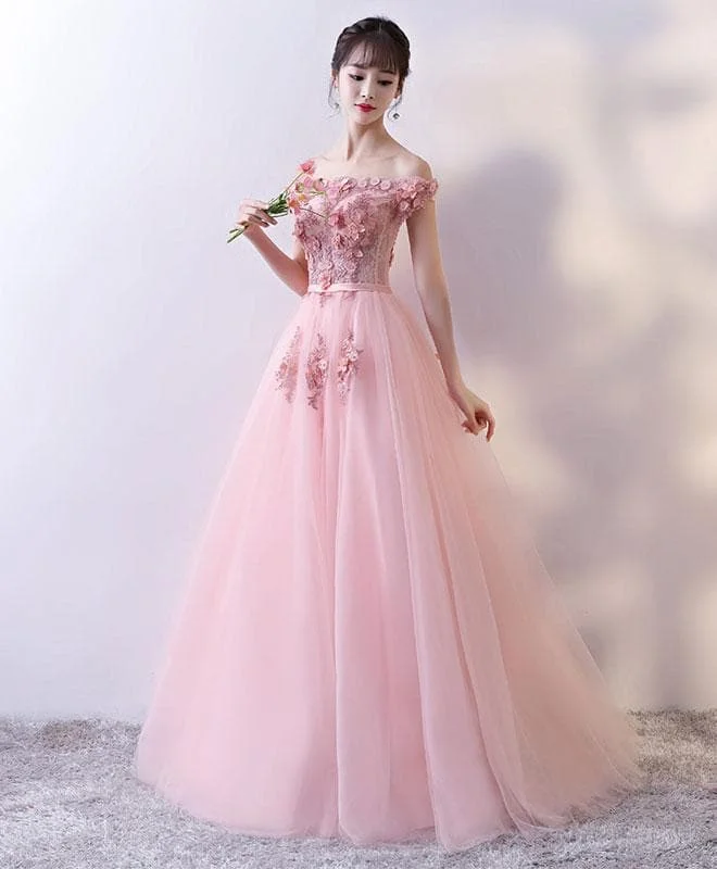 Pink Tulle Lace Long Prom Dress, Lace Evening Dress