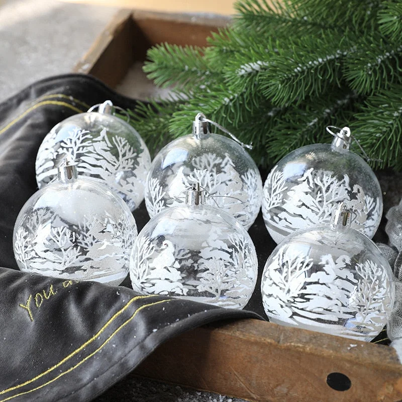 6pcs 6cm Transparent Snow Christmas Balls Pendants for Christmas Tree Decoration Clear Baubles Hanging Ornaments Xmas Navidad