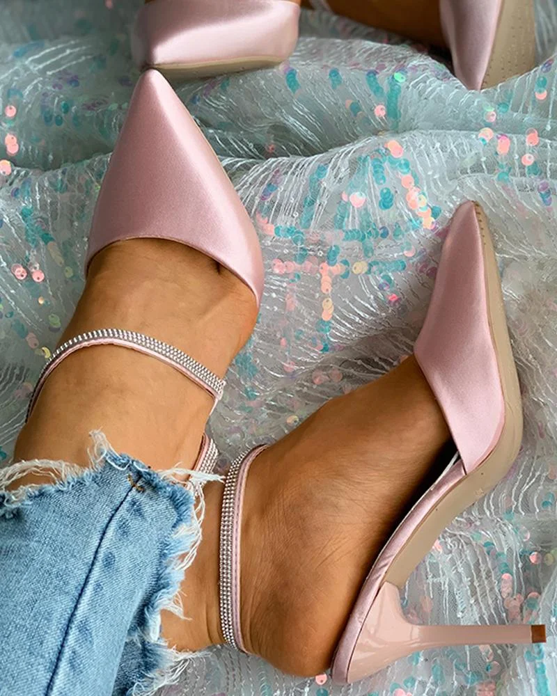 Studded Decor Strap Pointed Toe Stiletto Heels