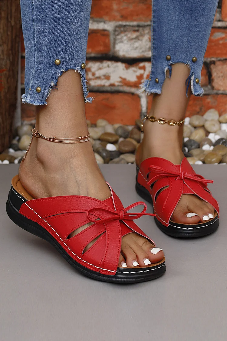 Fish Mouth Bow Decor PU Leather Wedge Sandals