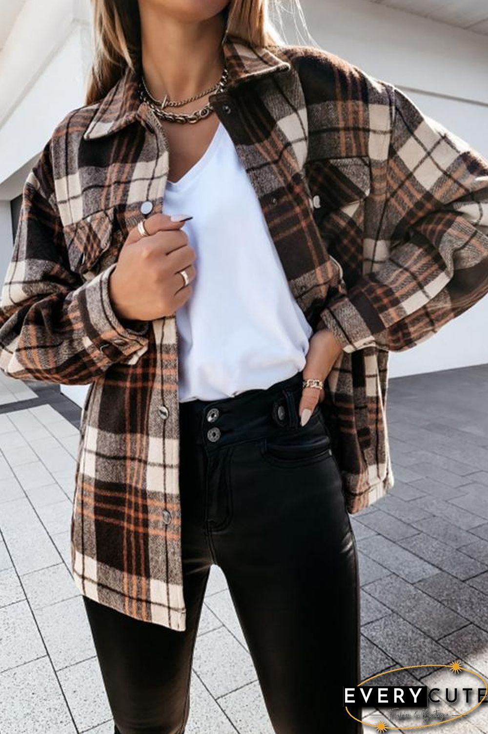 Long Sleeve Plaid Shirt Collar Jacket P13324