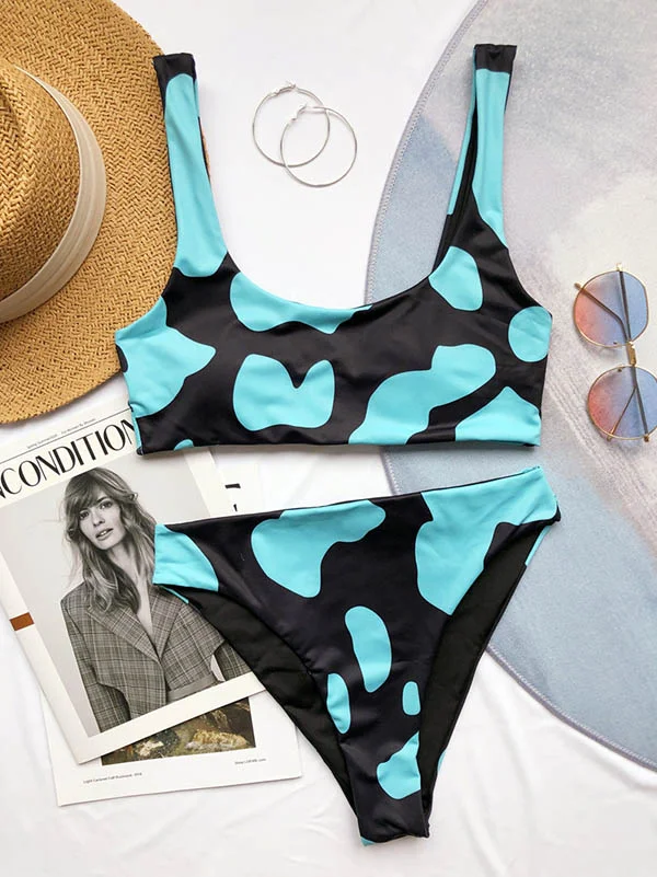 Cow Pattern Printing Square-Neck Split Bikini Swimsuit
