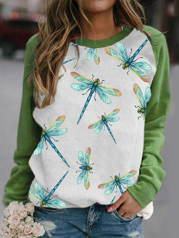 Dragonflies Print Contrast Color Sweatshirt