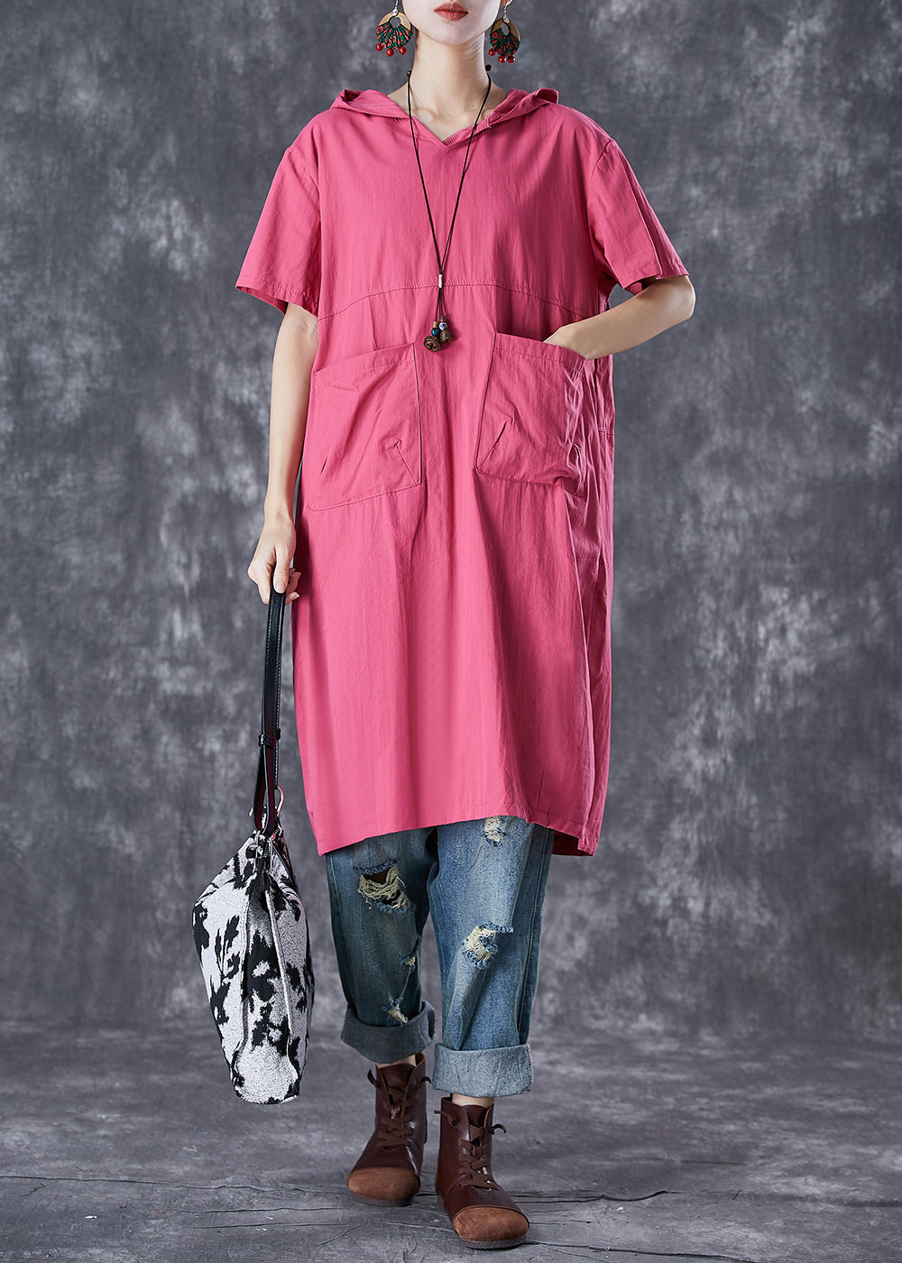 VCSHOES Rose Hooded Pockets Cotton Sweatshirts Dress Summer