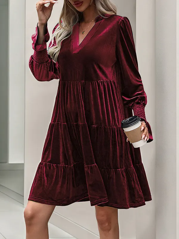 Flared sleeve velvet lace up solid patchwork mini dress main image 0