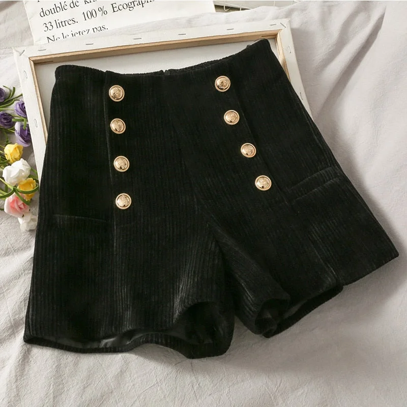 Autumn Winter Office Lady Corduroy Shorts Women High Waist Double Breasted Casual Shorts Straight A Line Wide leg Shorts