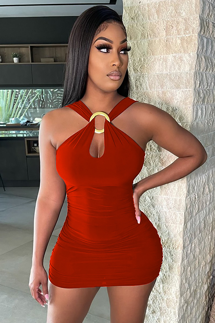 Sleeveless O-Ring Decor Ruched Bodycon Mini Dresses-Red