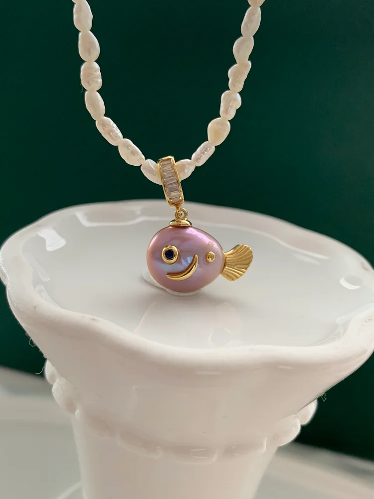 TINA PEARL Cute purple fish pearl necklace (JUST 1) s925 length 42 + 5 cm