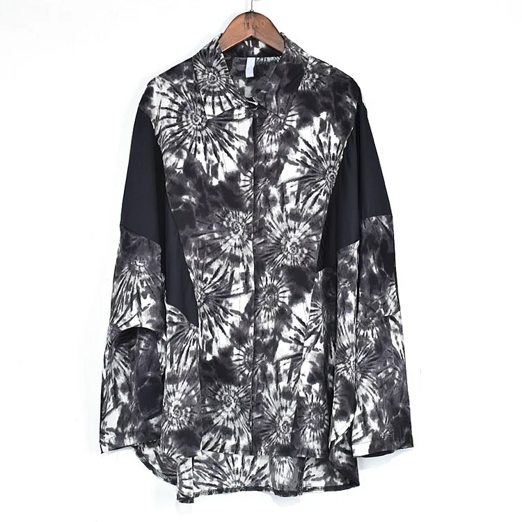 Stylish Loose Lapel Tie-dye Printed Patchwork Black Long Sleeve Single-breasted Shirt