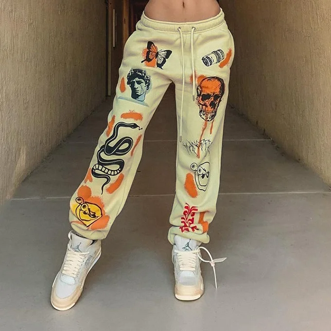 Casual street print jogging pants drawstring cargo sweatpants