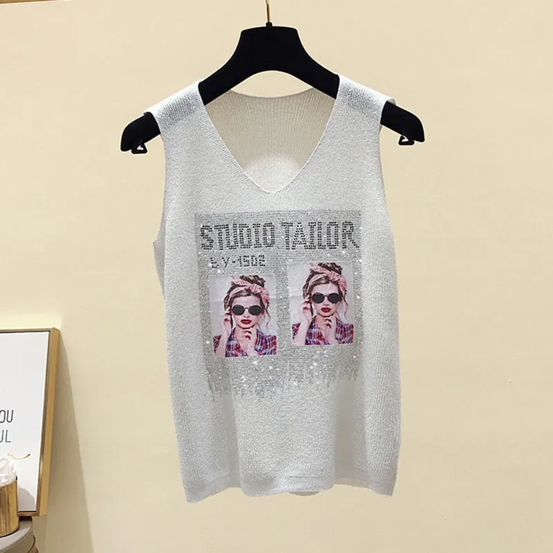 Sexy Tank Top Women Vests Top V-neck Female Sleeveless Casual Thin Pink Green Summer Diamond Knit Vest Tee Shirt Femme 2020