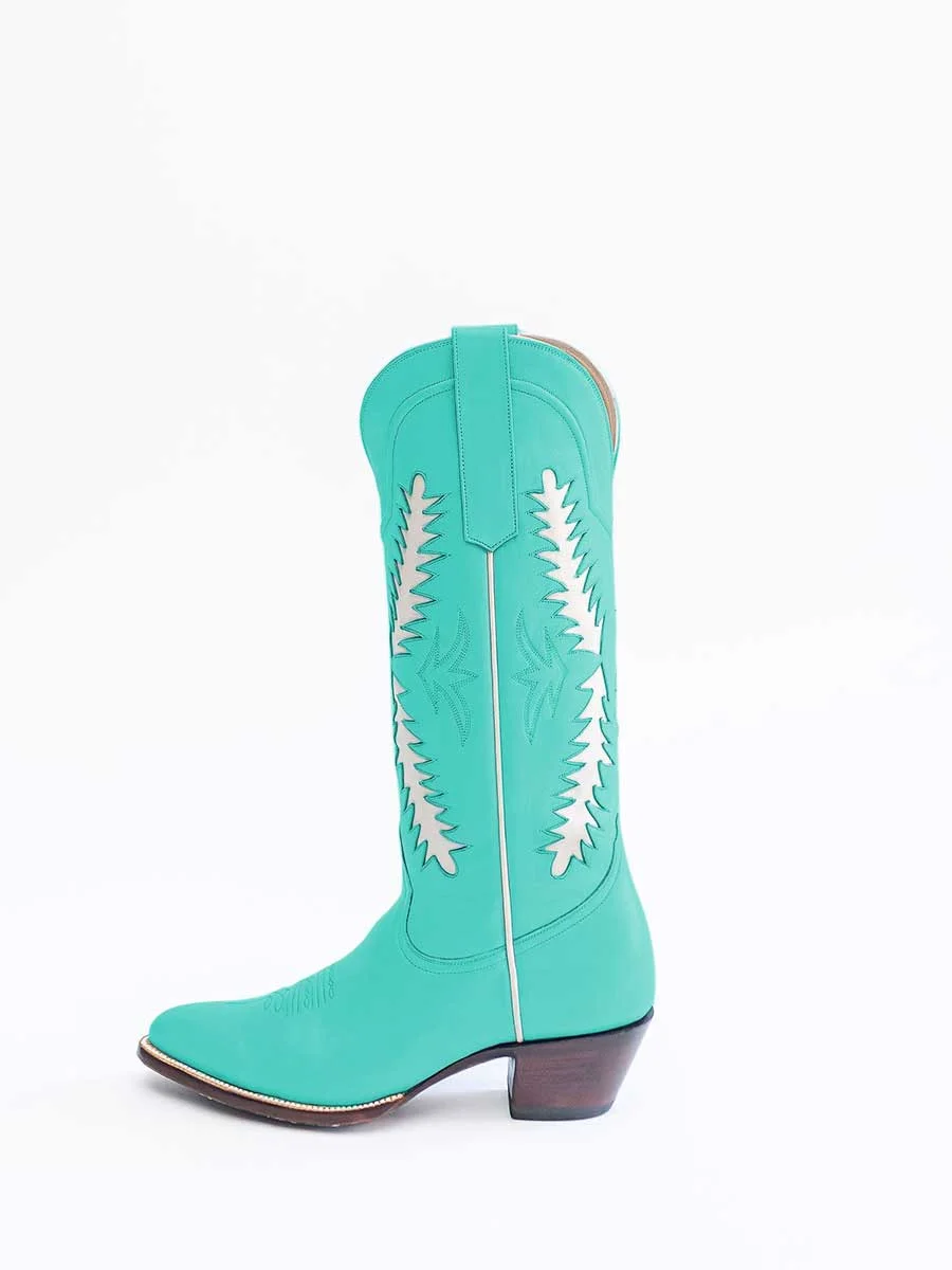 Turquoise Chunky Heel Embroidered Knee High Cowboy Boots for Women
