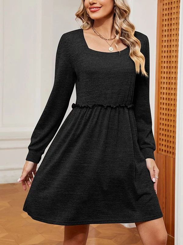 A-Line Long Sleeves Pleated Solid Color Square-Neck Mini Dresses