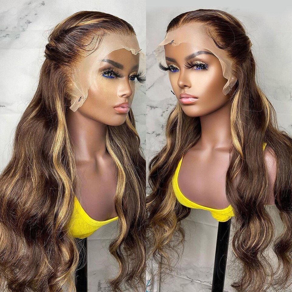 30 Inch 4/27 Honey Blonde Ombre Highlight Wig13x4 Lace Frontal Human Hair Body Wave Wig T Part  Lace Wigs Human Remy Hair US Mall Lifes