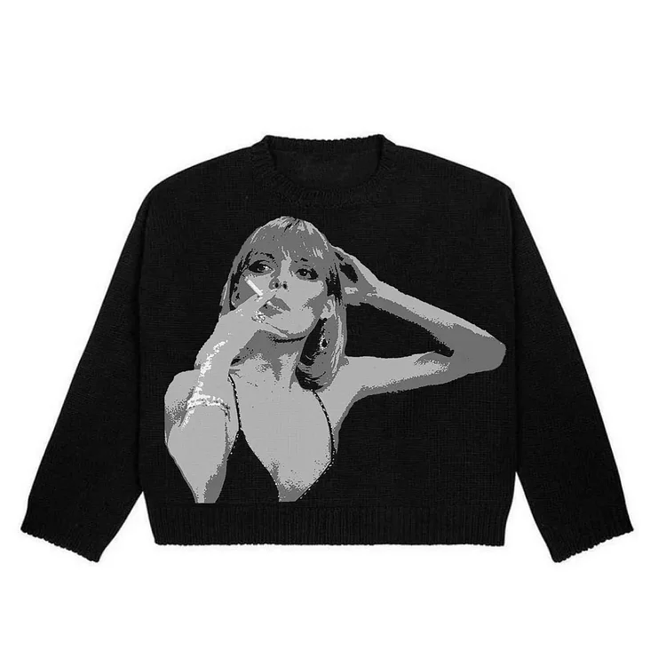 Hip Hop Streetwear Knit Sweater Gothic Abstract Portrait Pattern Oversized Pullover Top at Hiphopee