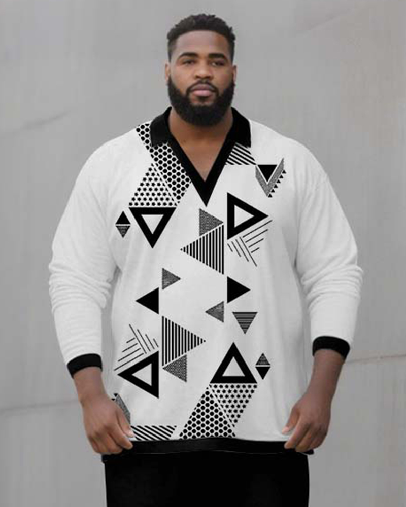 Big & Tall Men's Black And White Geometric Print POLO V-Neck Long Sleeve Pants Two-Piece Set