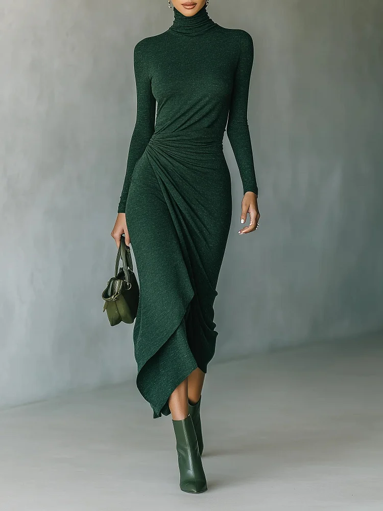 Dark Green Turtleneck Pleated Irregular Wrap Midi Dress