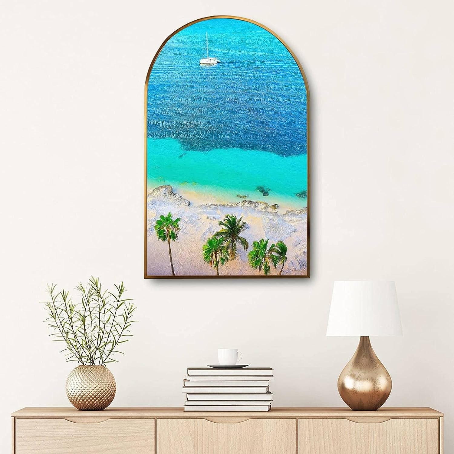 Large Framed Canvas Wall Art for Living Room Decor Aesthetic Idyllic beach and ship at sunset in Cancun caribbean sea Minimalist Artworks Paintings Prints Home Office Bedroom Multi5