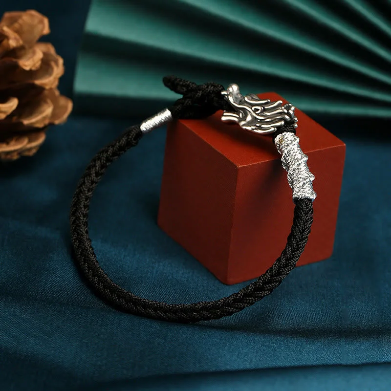 999 Sterling Silver Handmade Dragon Eight Thread Knot Colorful Luck Strength String Bracelet