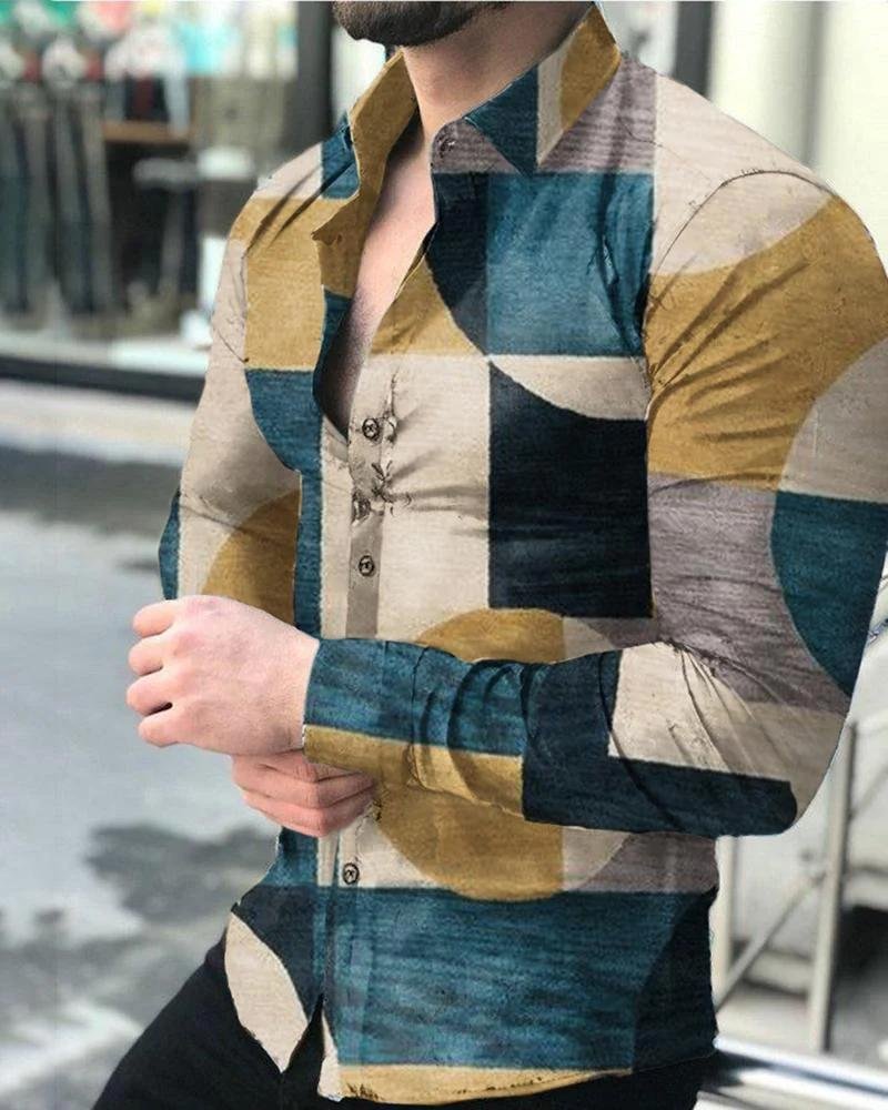 Plaid print lapel long sleeve shirt